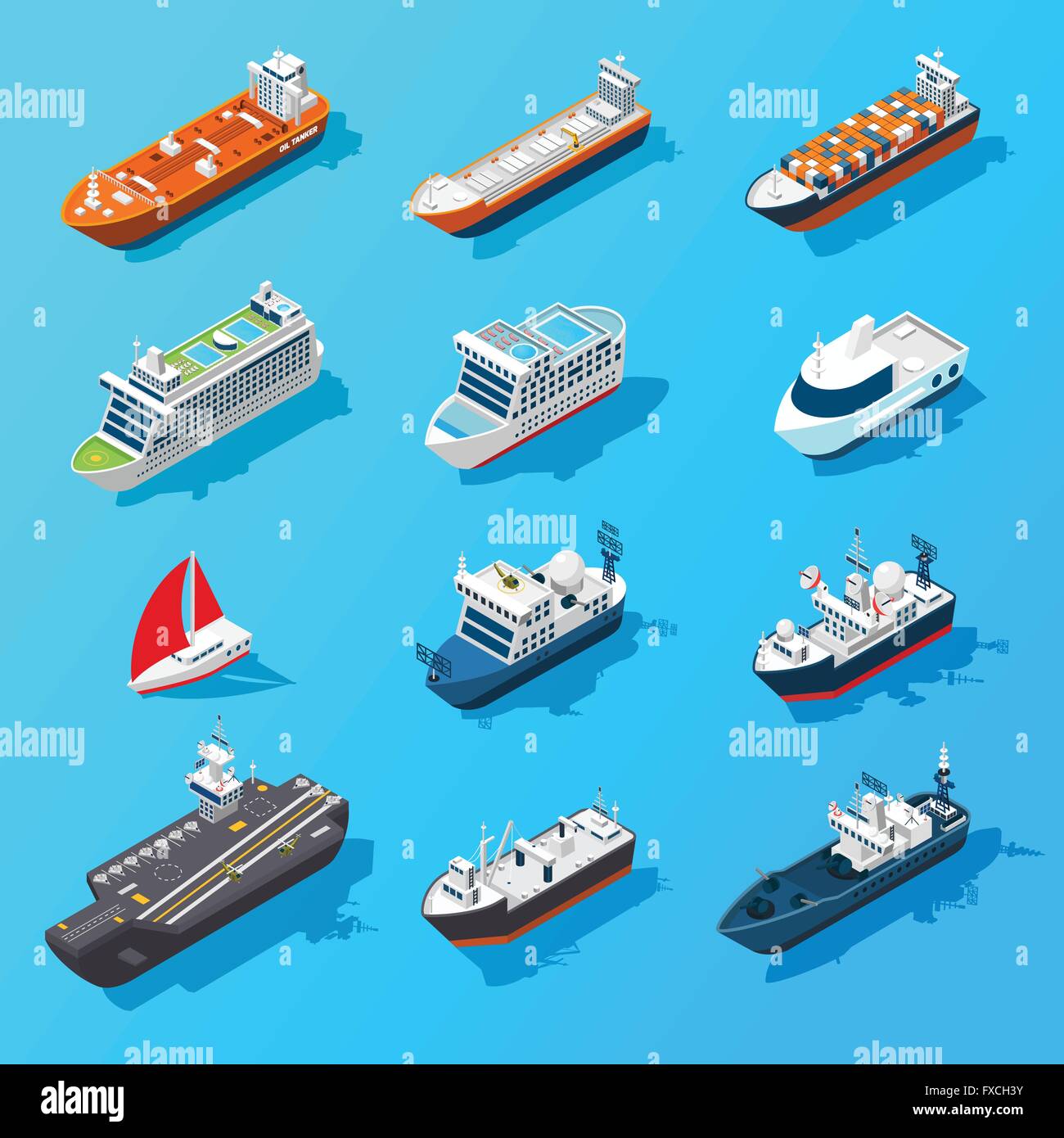 Ships Boats Vessels Isometric Icon Set Stock Vector