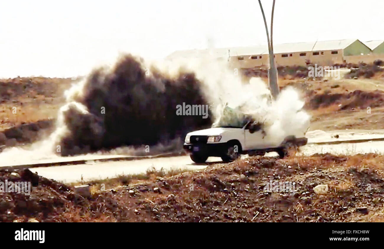 Undated propaganda video capture released by the Islamic State of Iraq and the Levant showing an Iraqi government vehicle exploding after running over a roadside bomb during fighting in Anbar Province, Iraq. Stock Photo