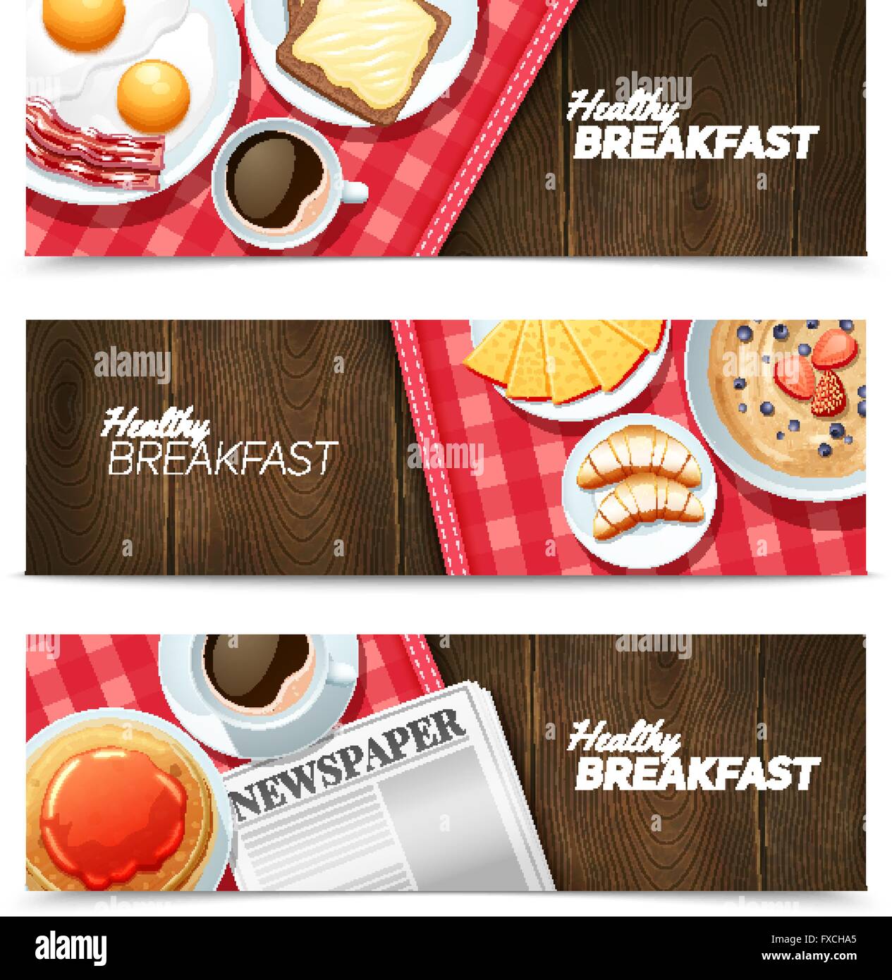 Healthy Breakfast Flat Horizontal Banners Set Stock Vector