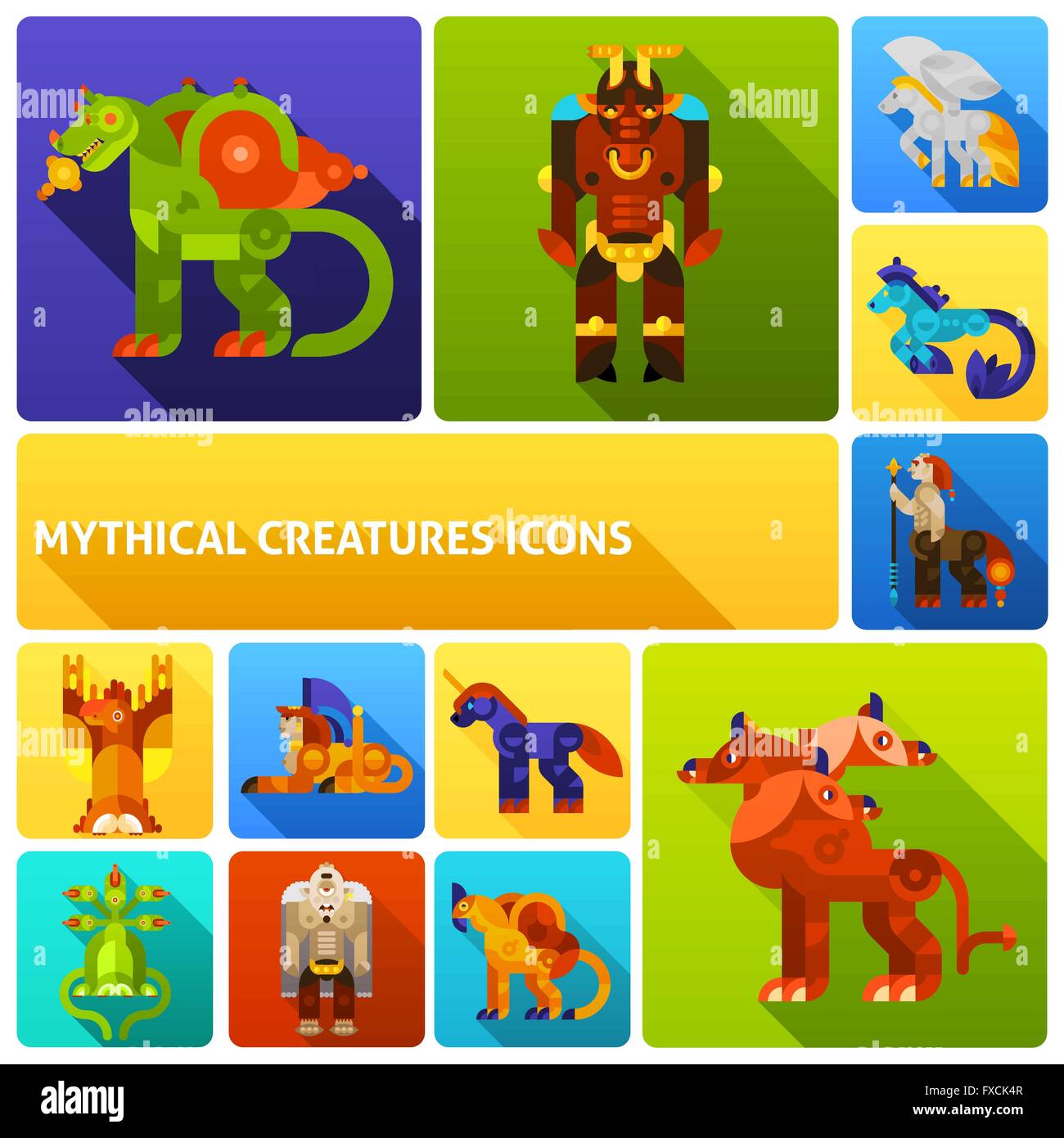 Mythical creatures icons set Stock Vector