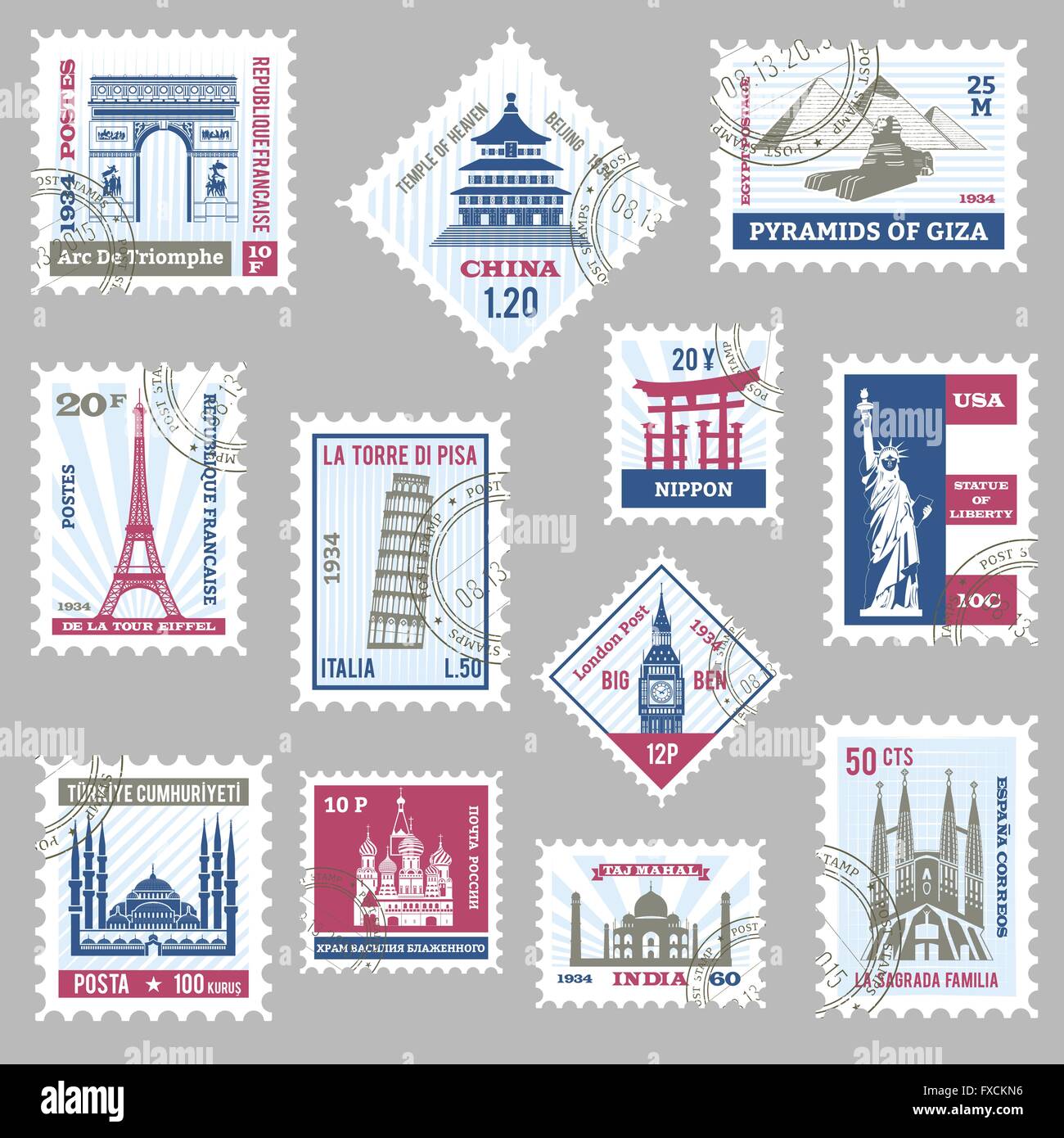 Postage Stamps Set Stock Vector