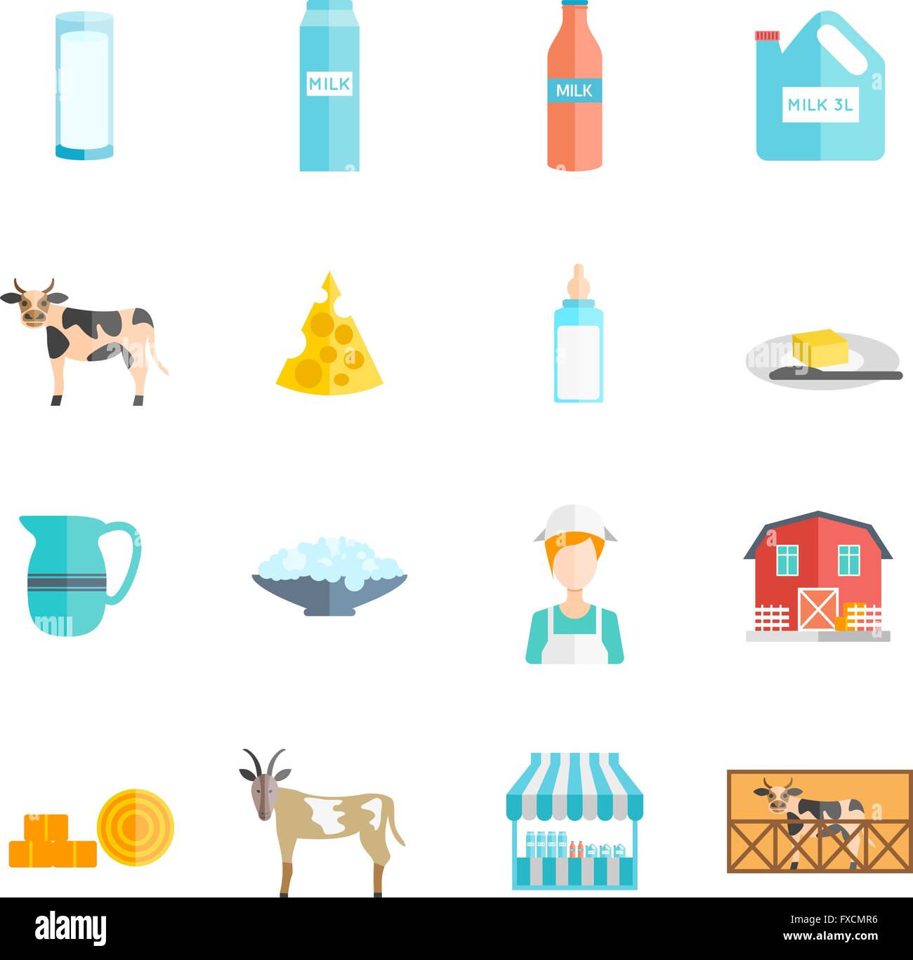 Milk dairy products flat icons set Stock Vector