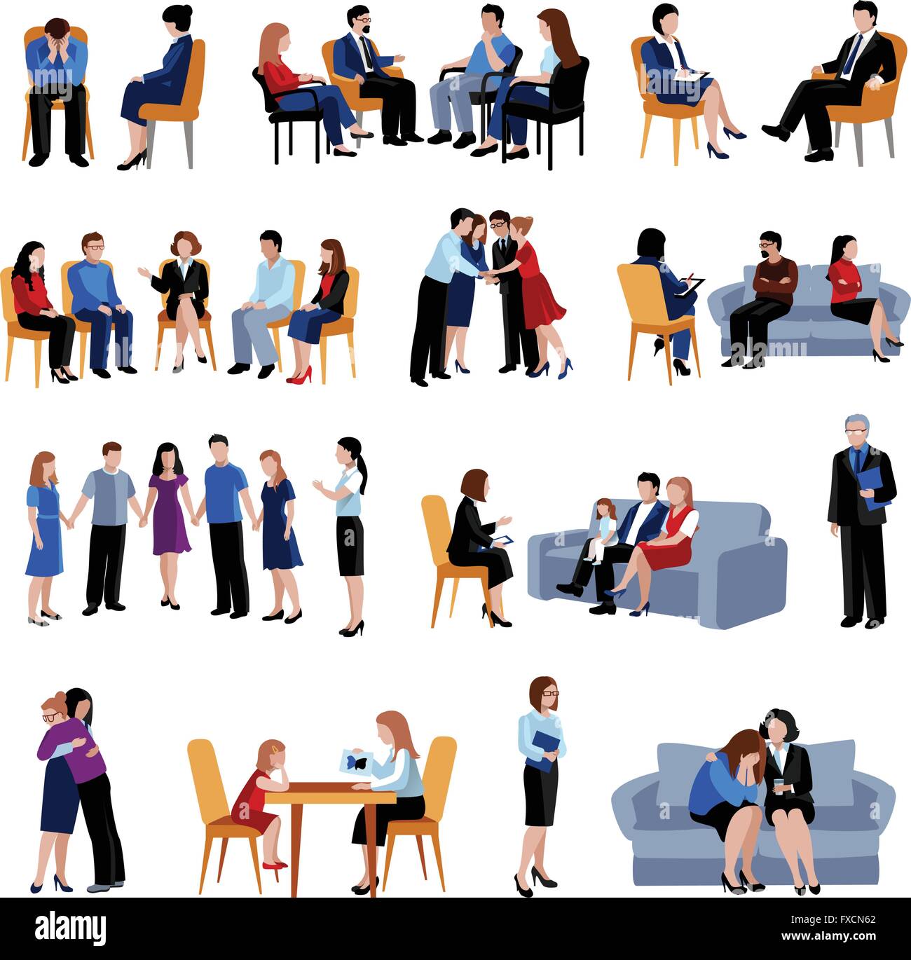 Problematic families counseling flat icons set Stock Vector