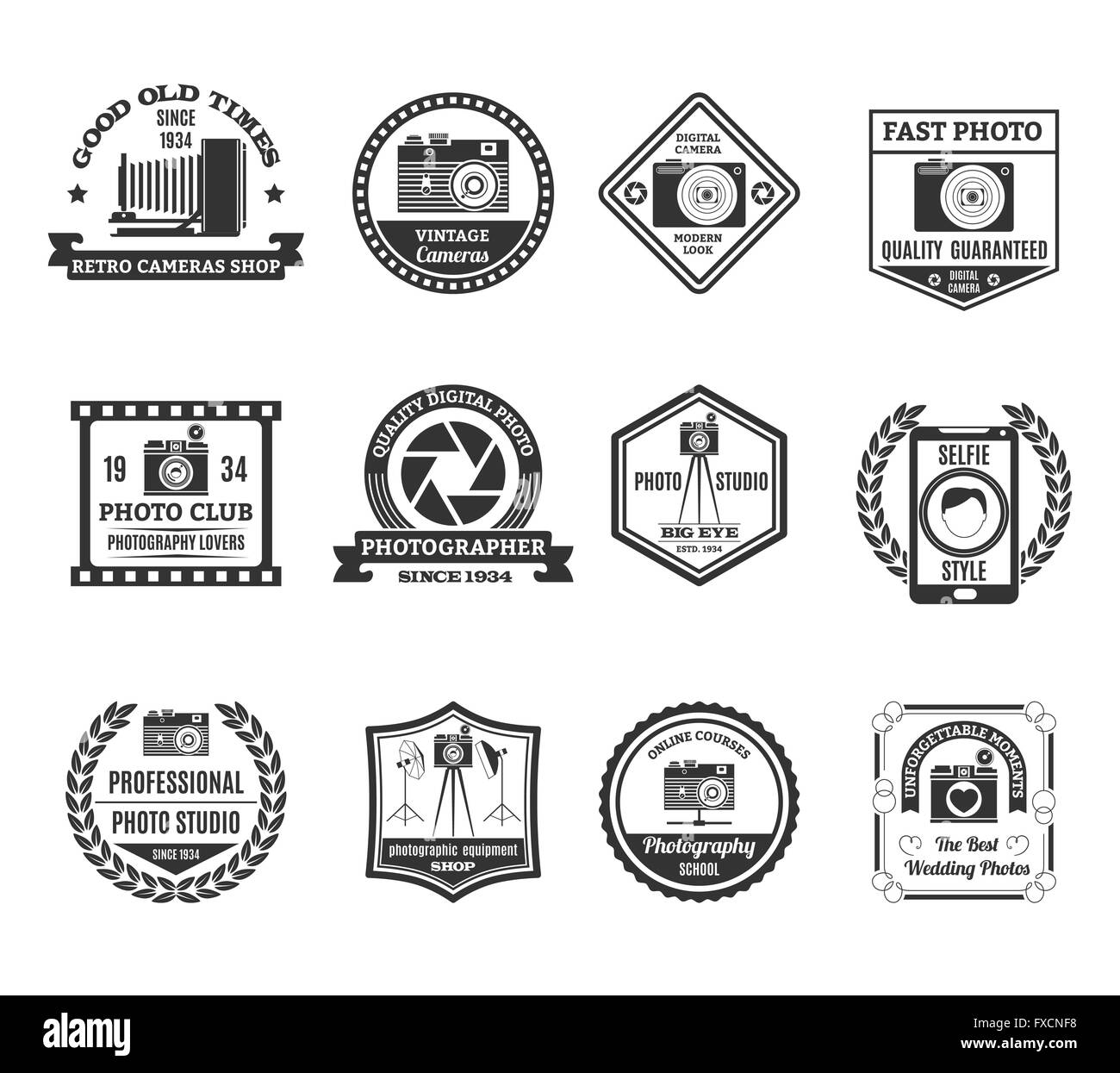 Photography Black White Emblems Set Stock Vector