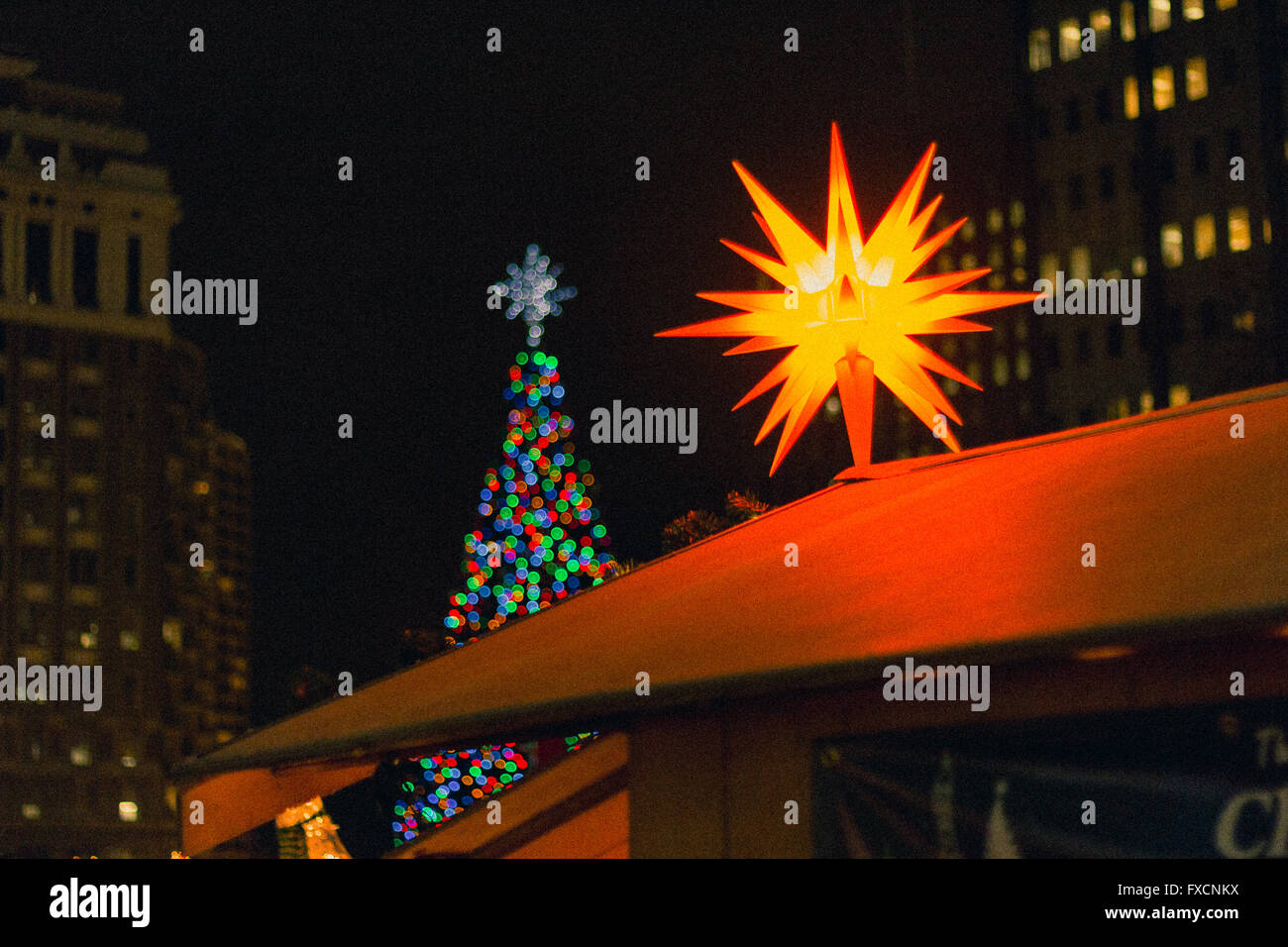 A christmas star on top of a roof at the Philadelphia Christmas fair. A