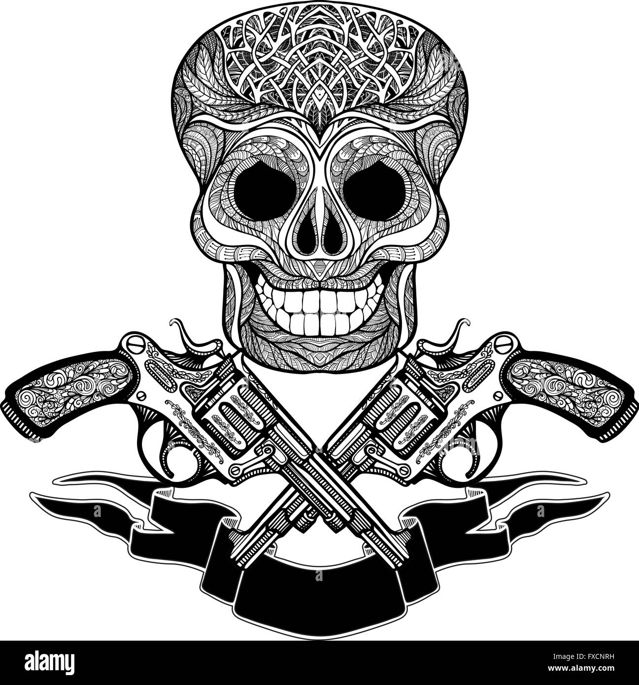 Crossed Guns With Ornaments Ribbon And Skull Stock Vector Image \u0026 Art -  Alamy, image size:1297x1390