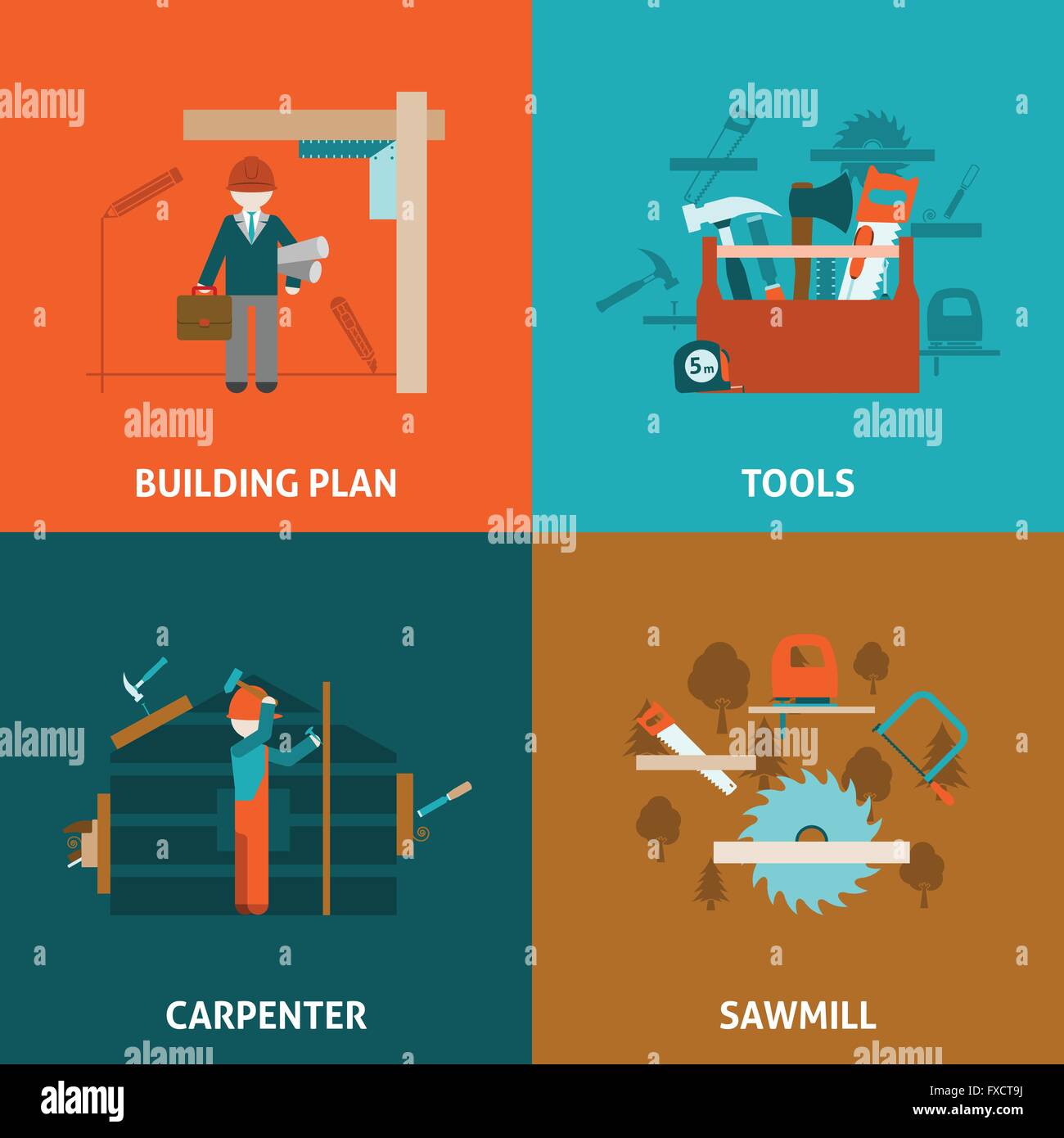 Carpenter concept 4 flat icons square Stock Vector Image & Art - Alamy