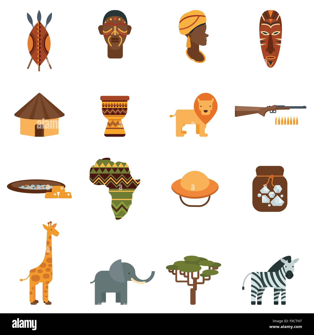 African world flat icons set Stock Vector