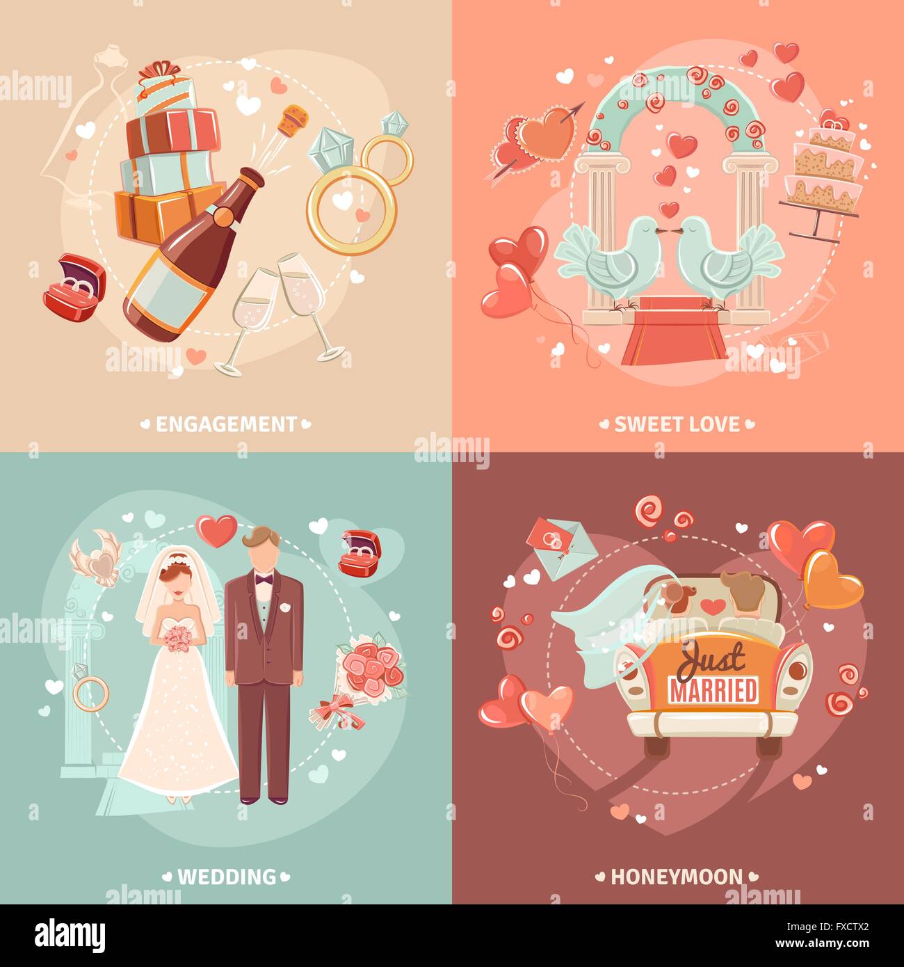 Wedding concept 4 flat icons square Stock Vector