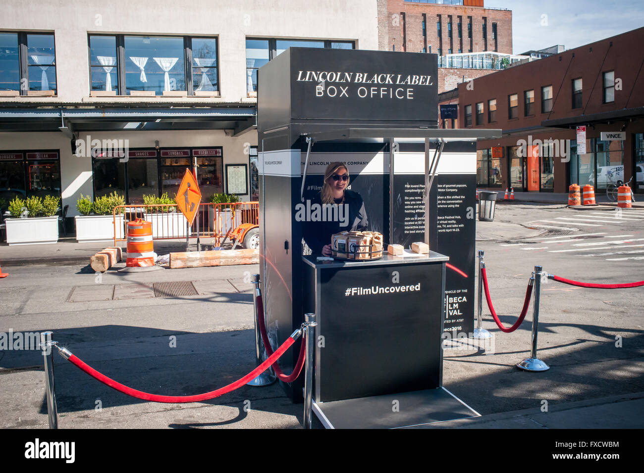 A kiosk for the Lincoln Motor Company promotes their sponsorship of the Tribeca Film Festival in the Meatpacking District in New York on Tuesday, April 12, 2016. (© Richard B. Levine) Stock Photo