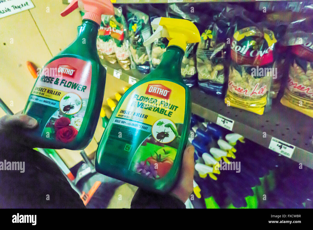 A gardener chooses Ortho brand insecticide in a Home Depot store in New