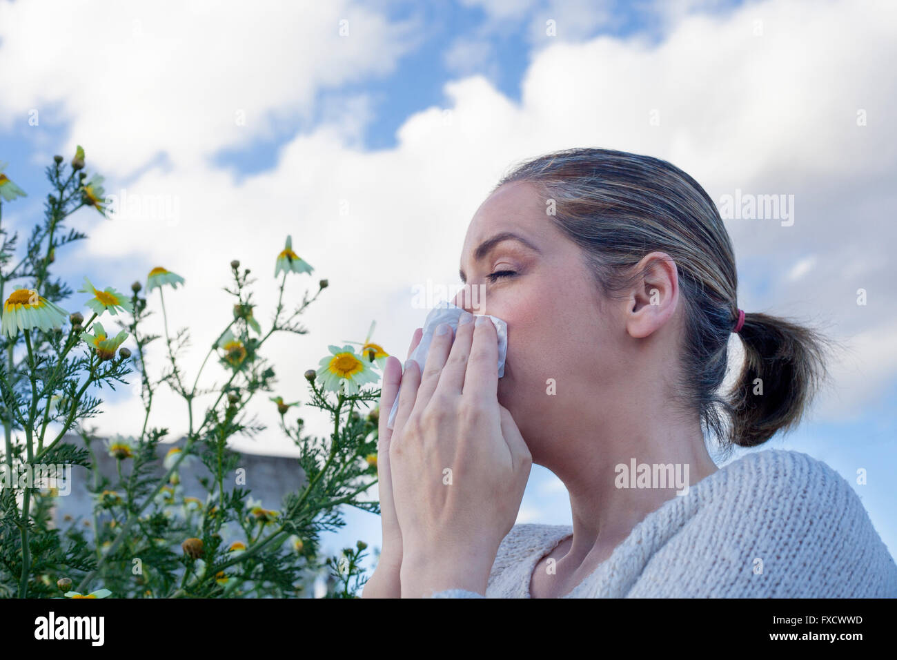 Young woman sneezing in a daisy flowers meadow. She is allergic to