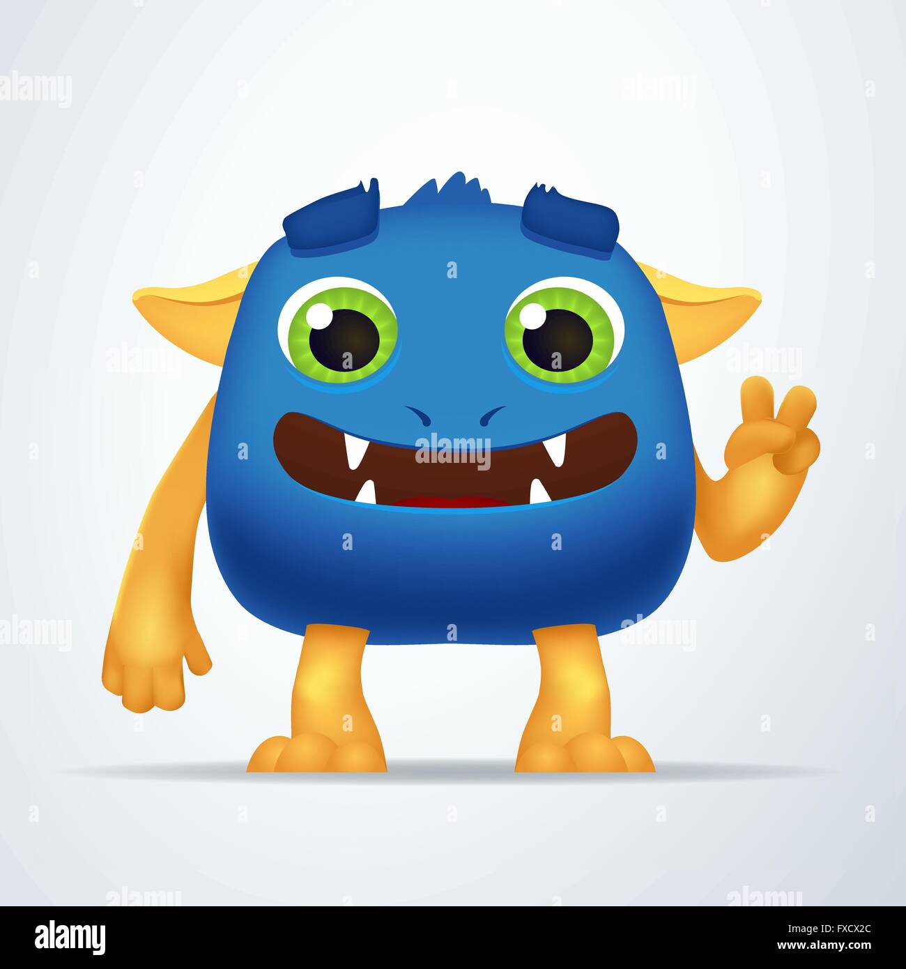 Funny blue and yellow cartoon alien monster creature character with victory  gesture. Fun Fluffy mutant rabbit isolated on light background Stock Vector  Image & Art - Alamy