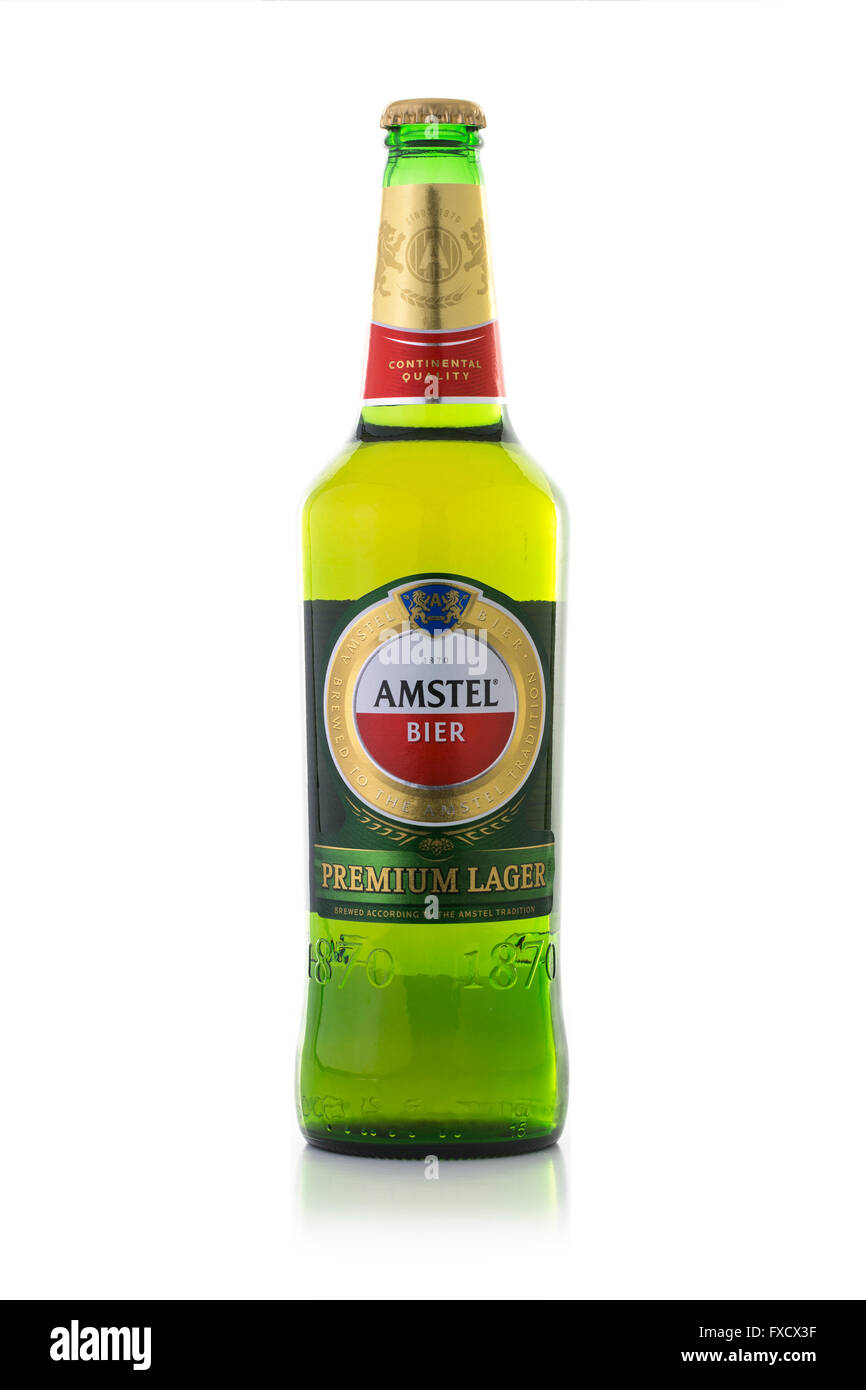 Amstel Premium Bier is an internationally known brand of beer produced by Heineken International in Zoeterwoude, Netherlands Stock Photo