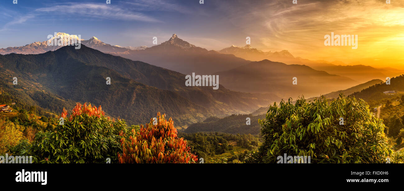 Sunrise over Annapurna. Annapurna is a collection of mountains in the Himalayas near Pokhara in Nepal Stock Photo