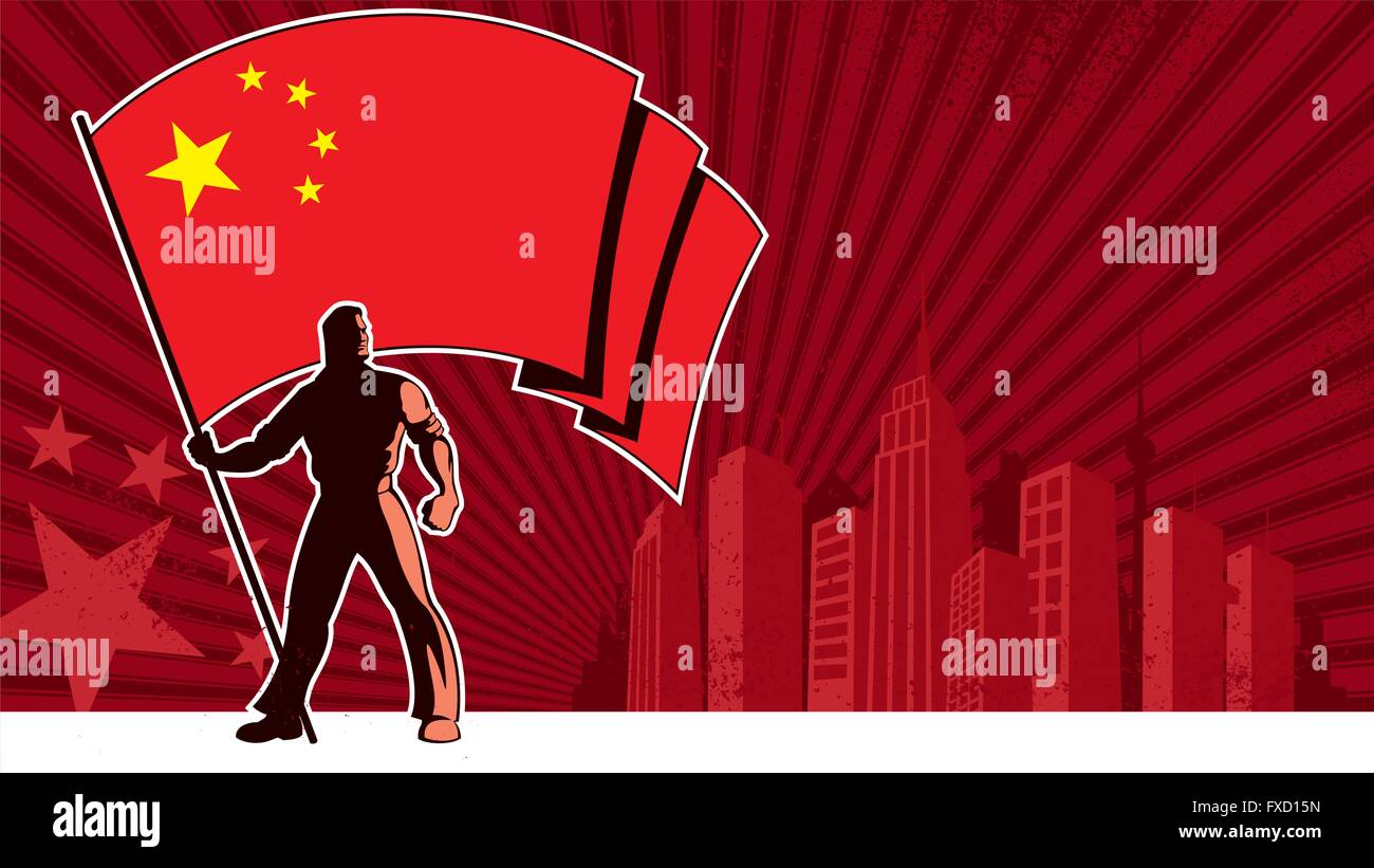 Flag bearer holding the flag of China over grunge background with copy space. Stock Vector