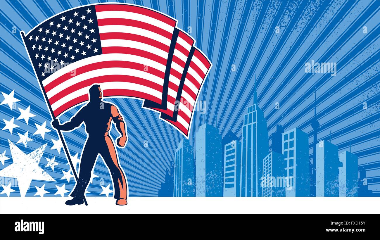 Flag bearer holding the flag of USA over grunge background with copy