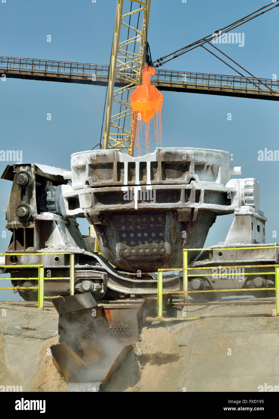 Hot metal ladle car transportation in steel plant Stock Photo