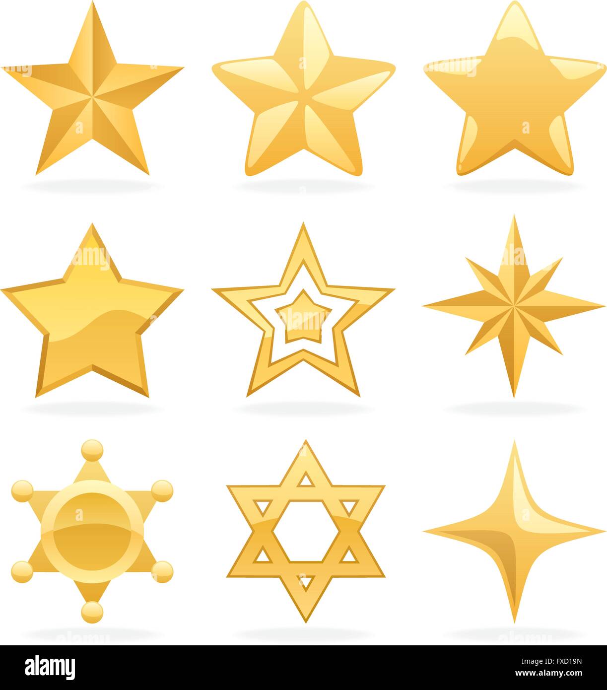 Set of 9 golden star icons. Stock Vector