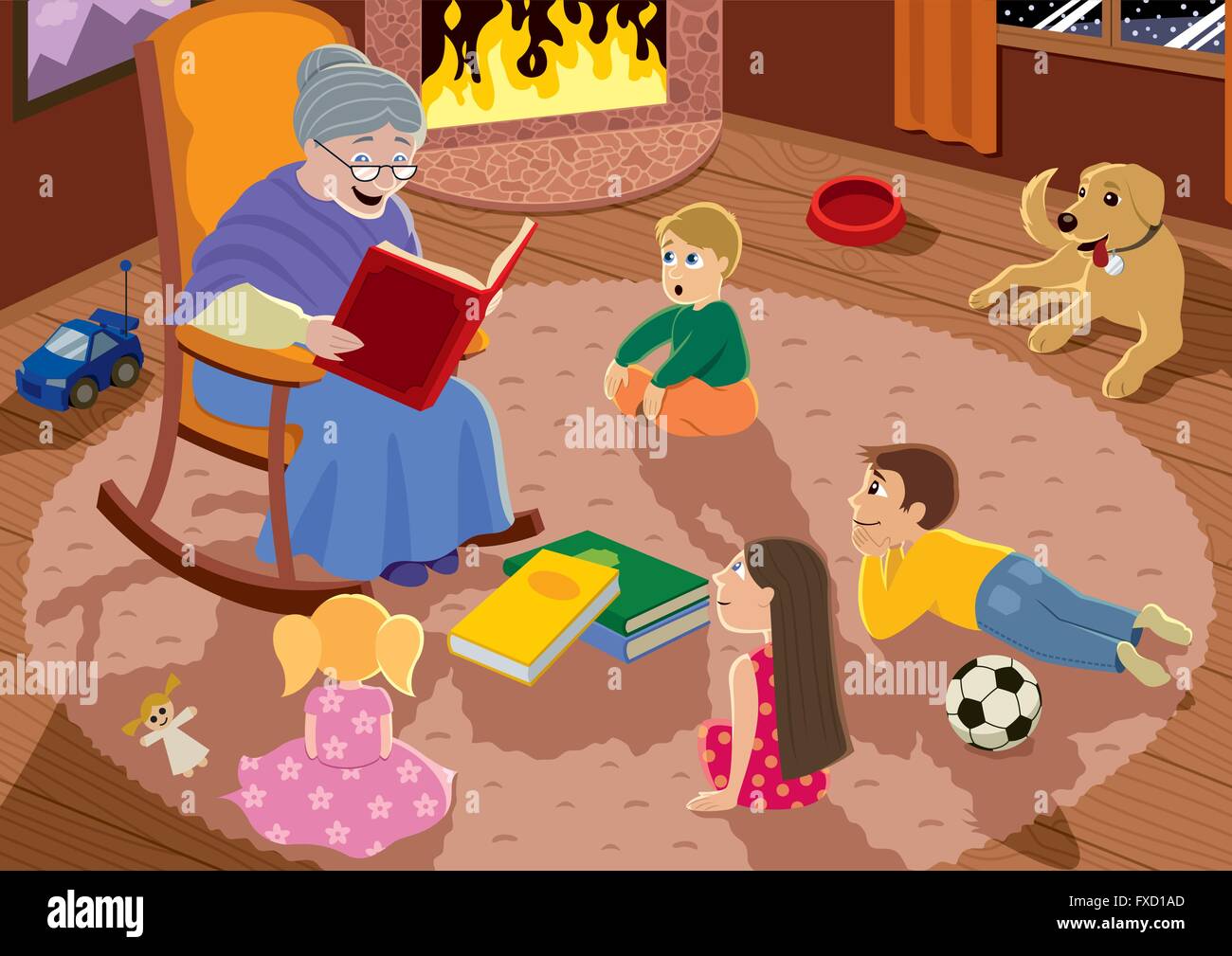 Granny is reading fairy tales to her grandchildren. Stock Vector