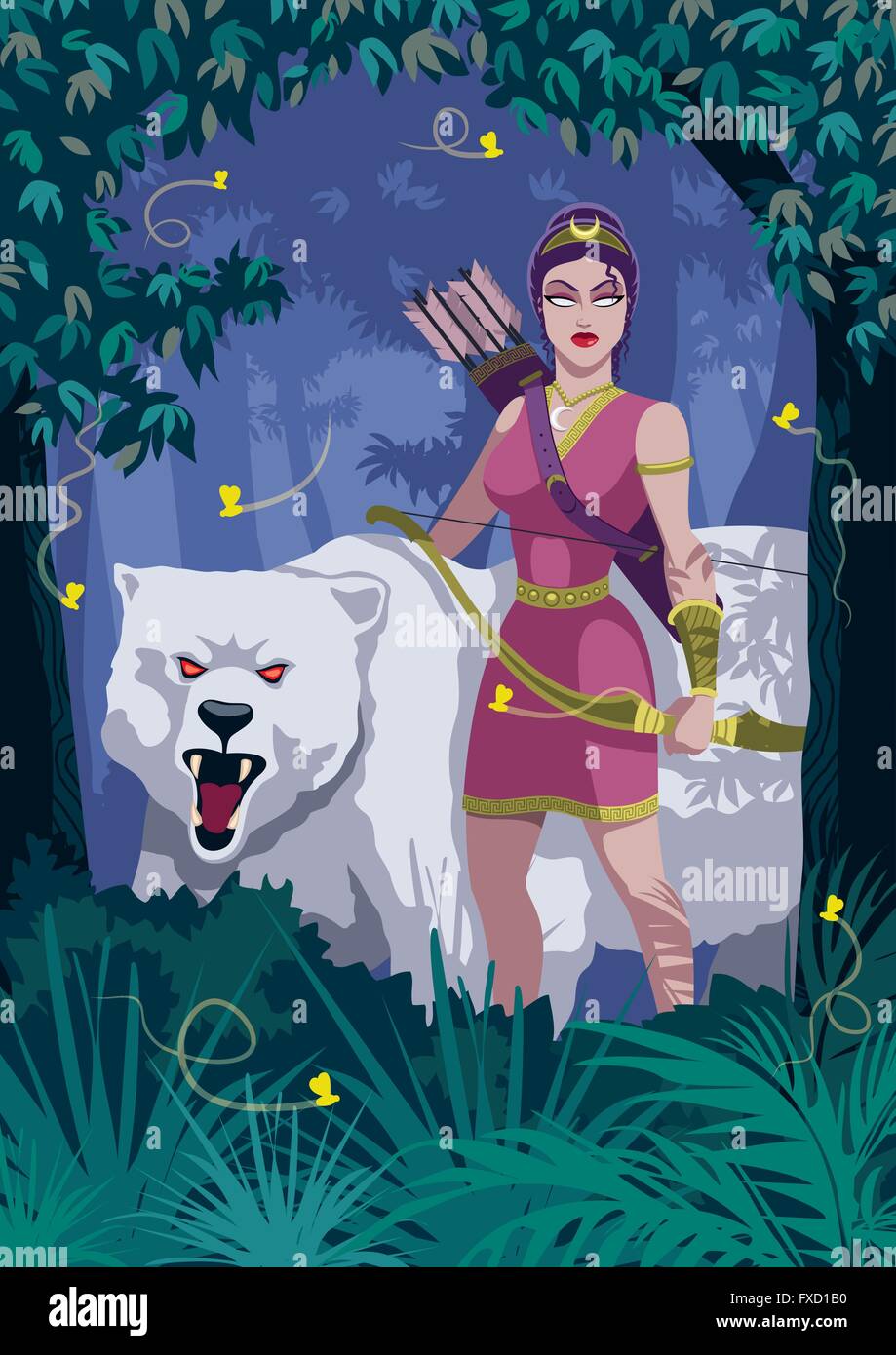 Goddess Artemis in woods with bear. Stock Vector
