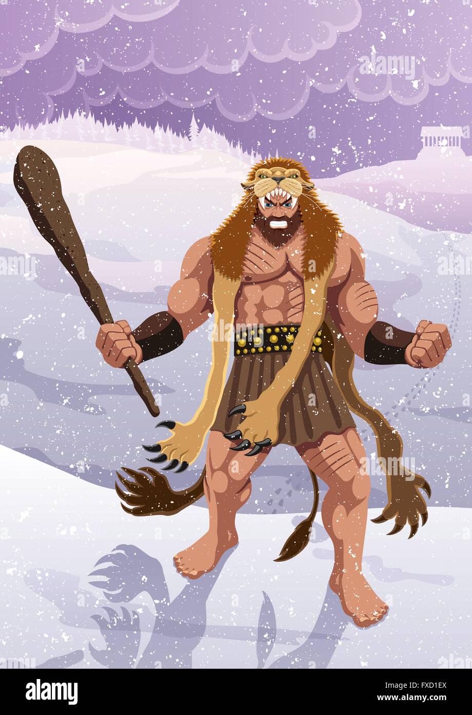 Heracles wearing the skin of the Nemean Lion. No transparency and gradients used. Stock Vector