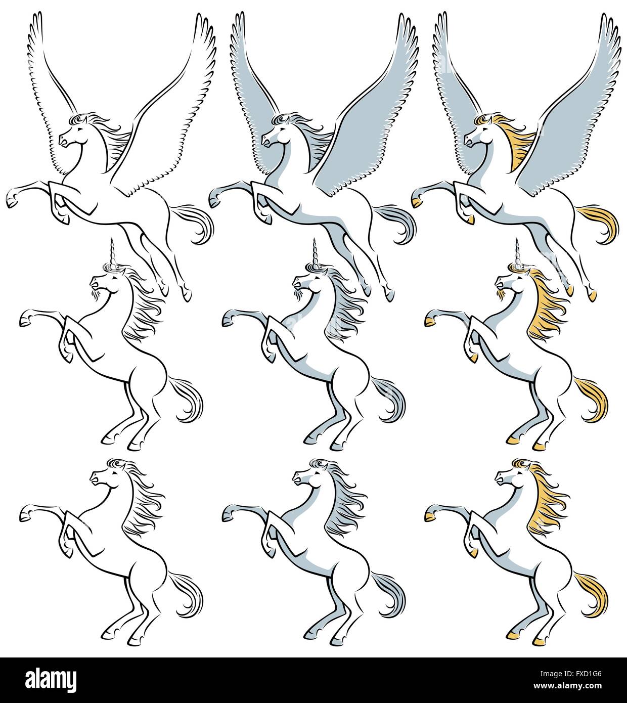 Pegasus, unicorn and stallion clip art. No transparency and gradients used. Stock Vector