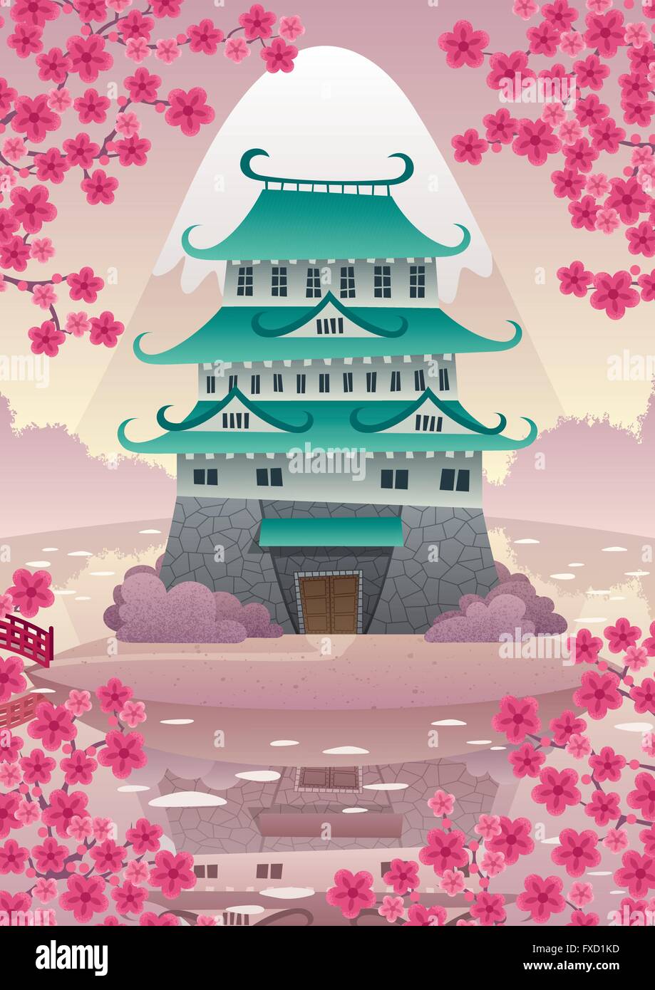 Cartoon Japanese castle. No transparency used. Basic (linear) gradients. Stock Vector