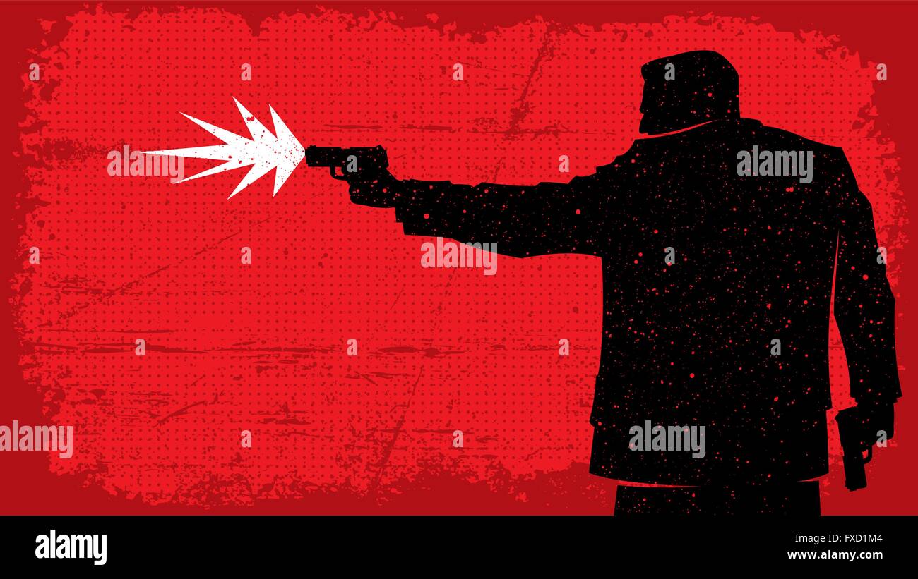 Illustration of man shooting with pistol. No transparency and gradients used. Stock Vector