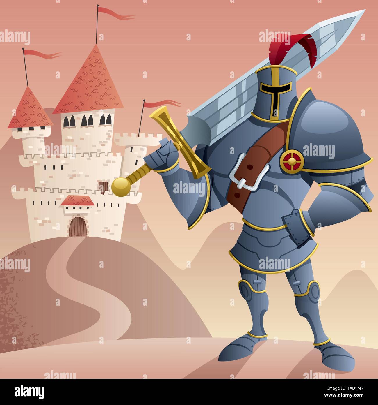 Cartoon knight in front of castle. No transparency used. Basic (linear) gradients. Stock Vector