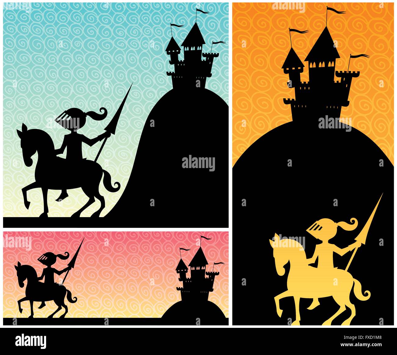 Set of cartoon banners with knight and castle silhouettes, and copy space for your text. Stock Vector