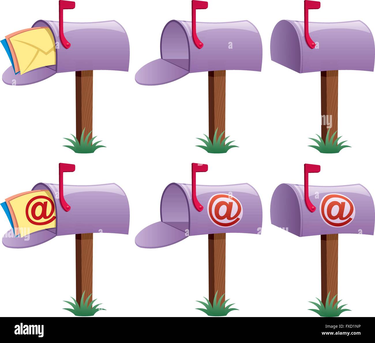 Cartoon illustration of mailbox in 6 versions. 3 of them are conceptual illustrations for e-mail. Stock Vector