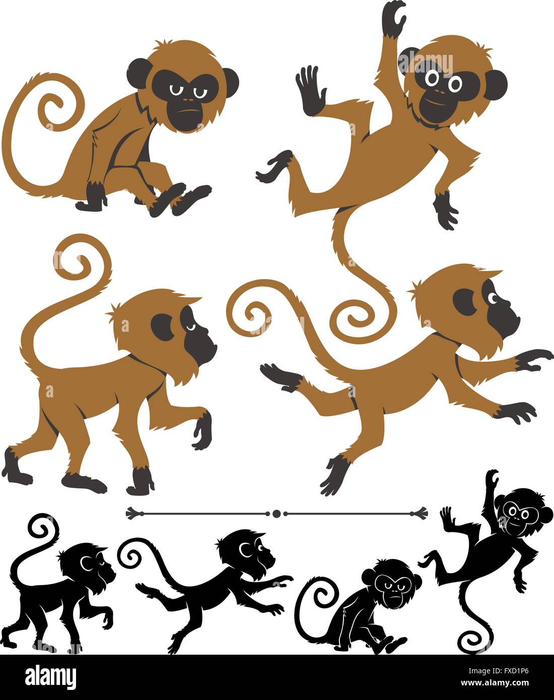 Cartoon monkey in 4 different poses. Below are silhouette versions of the same poses. Stock Vector