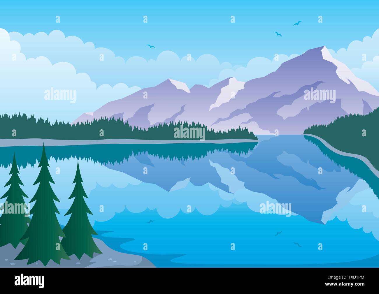 Illustrated landscape of mountain and lake. Stock Vector