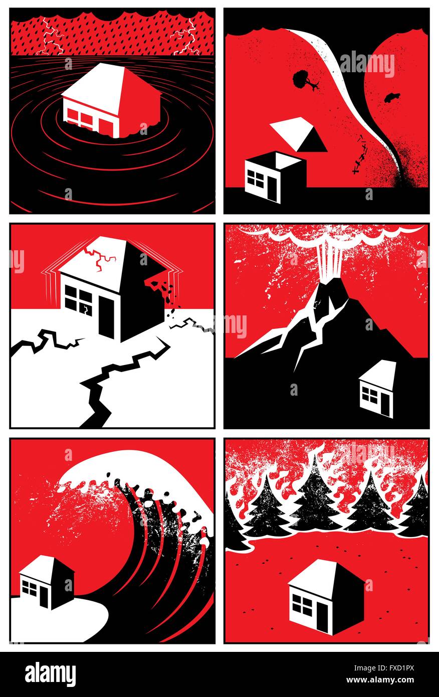 Set of 6 illustrations/icons of natural disasters. Stock Vector