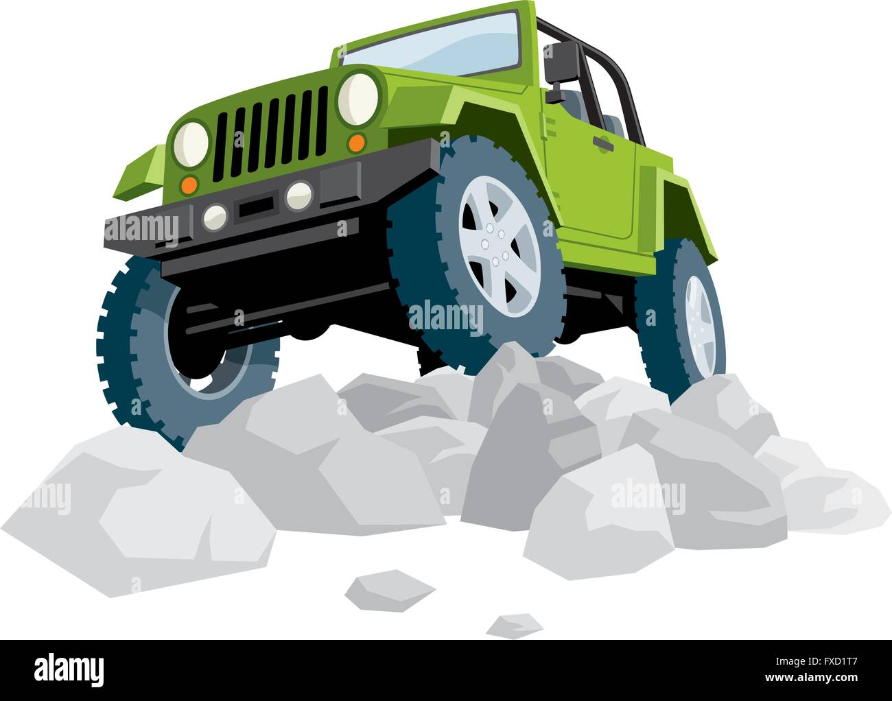 Off road vehicle over heap of stones. Stock Vector