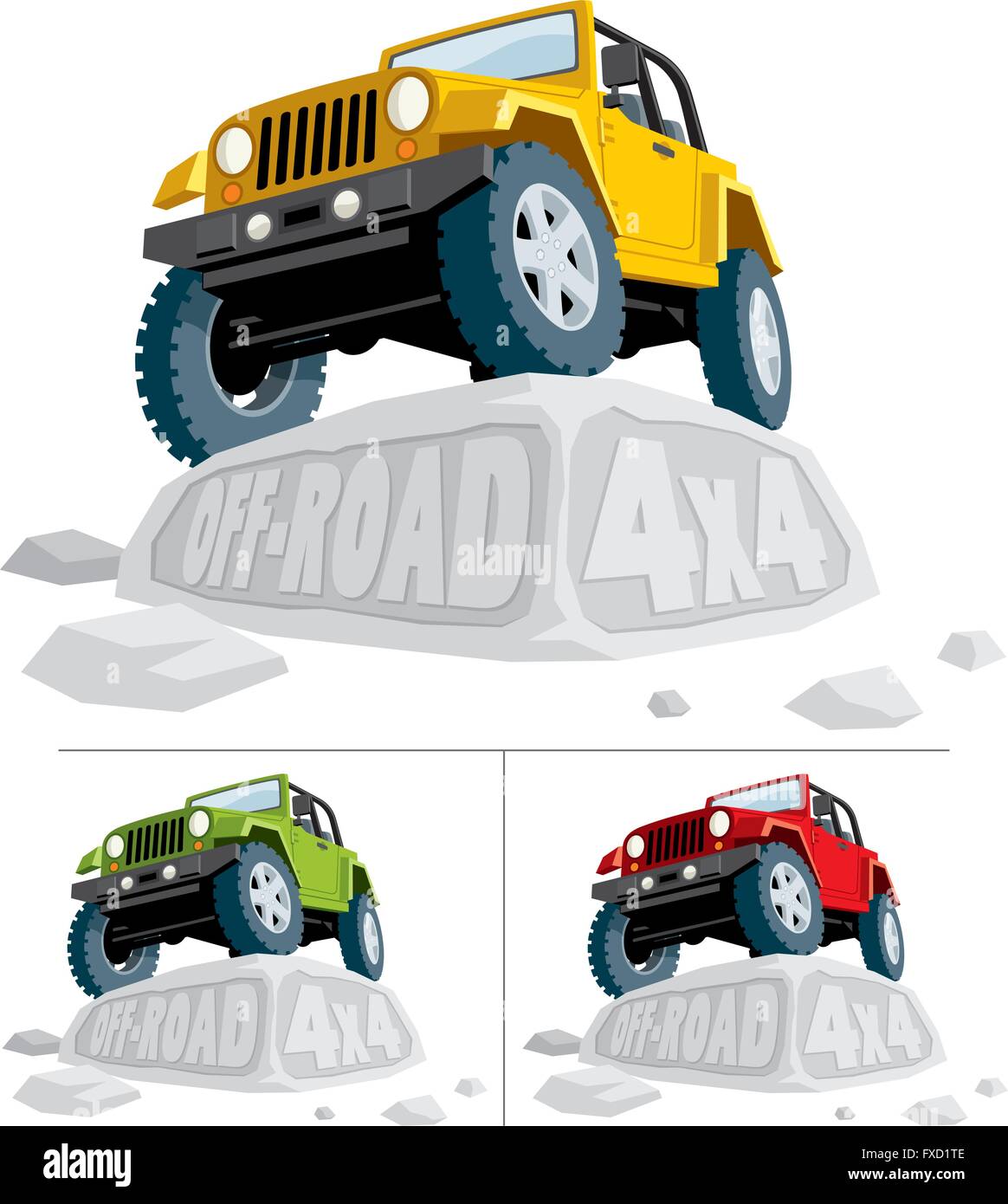 Off-road vehicle parked on boulder. You can replace the carved text with your own text. Vehicle is in 3 color versions. Stock Vector