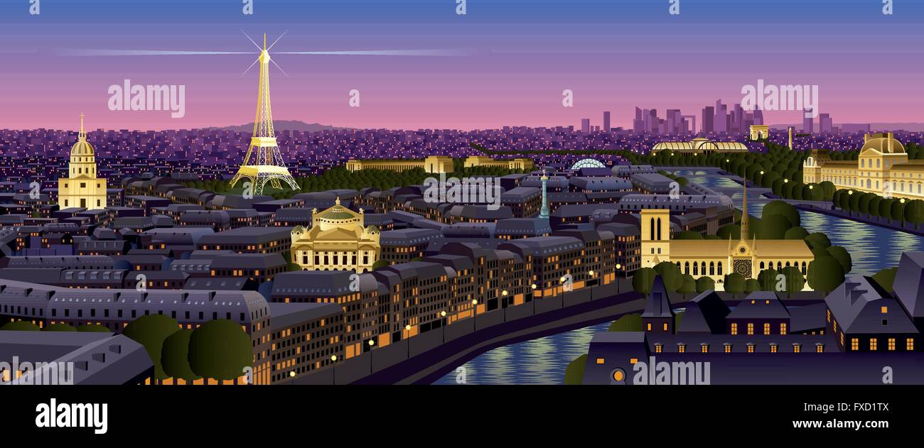 Paris cityscape at dusk. No transparency used. Basic (linear) gradients. Stock Vector