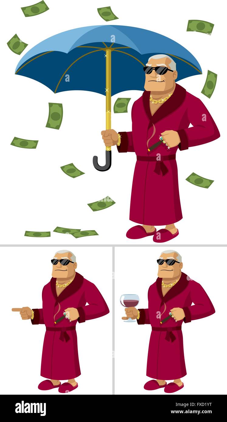 Cartoon illustration of rich man in 3 different poses/situations. Stock Vector