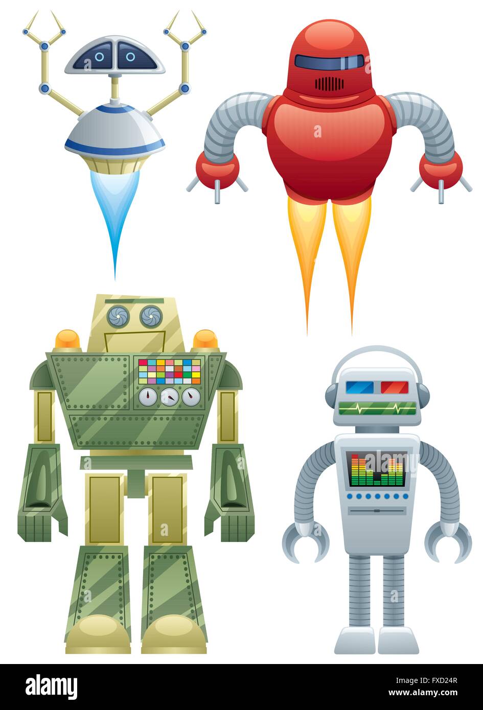 Set of 4 cartoon robots over white background. Stock Vector
