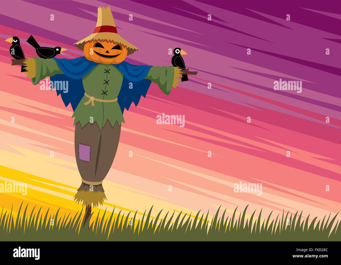 Cartoon background with scarecrow and empty space for your text. Stock Vector