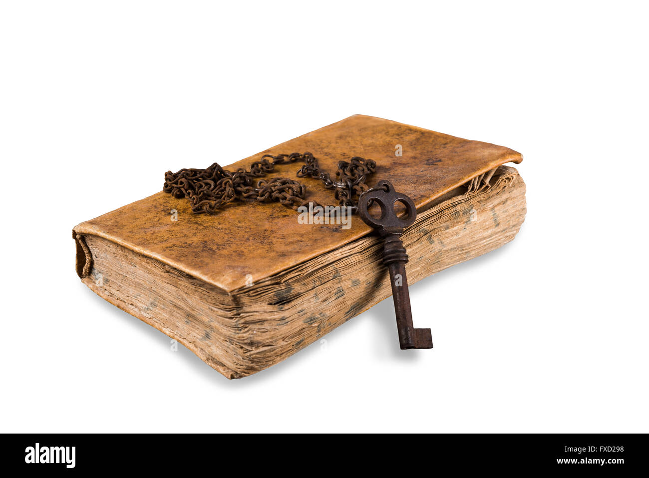 Old key with chain on an book isolated on white Stock Photo