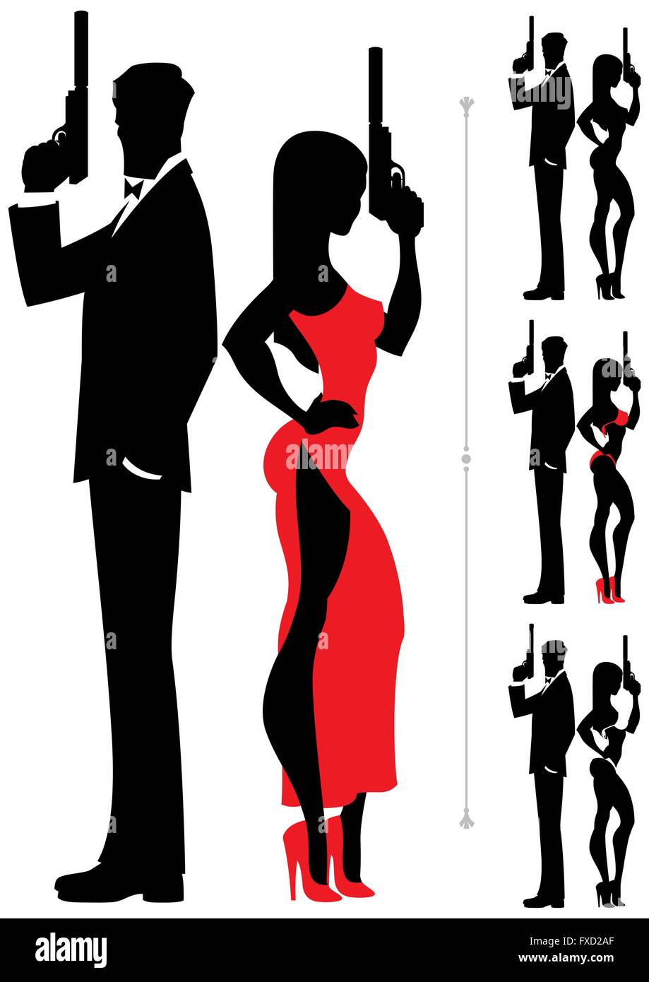 Silhouettes of spy couple over white background. Four versions differing by the outfit of the female. Stock Vector