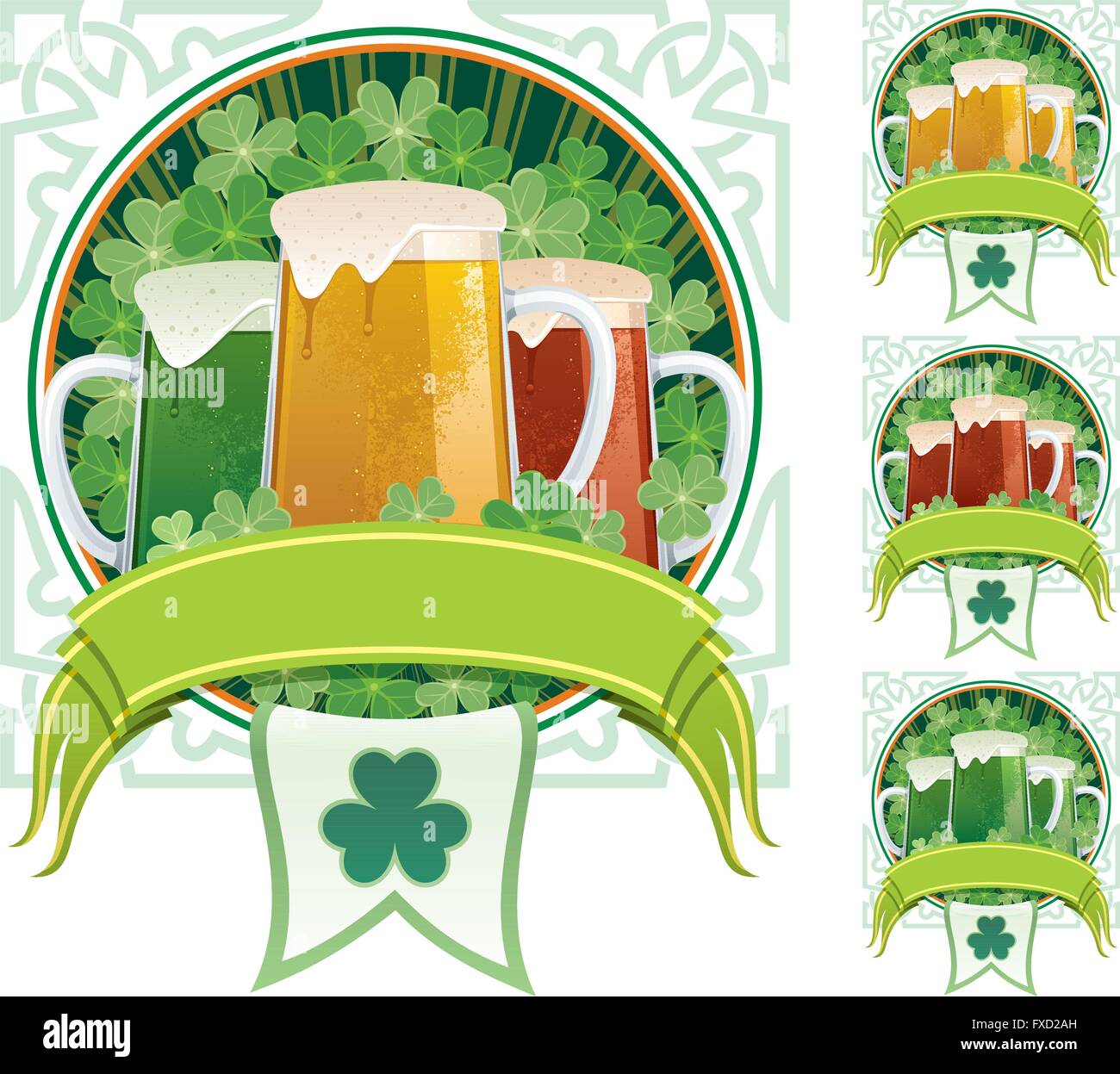 Three beer mugs on clover background with copy space under them. 3 additional versions are included on the right. Stock Vector