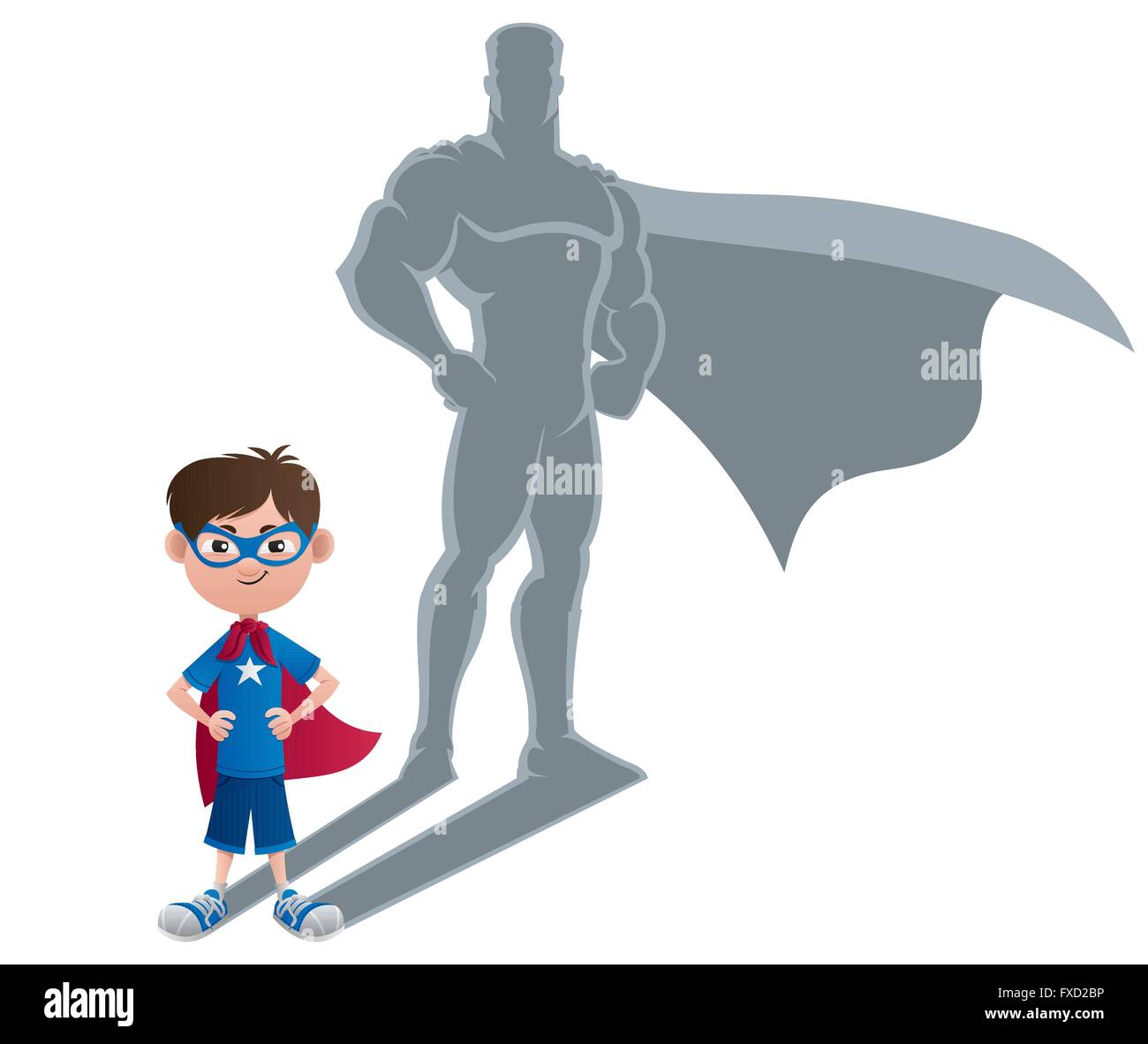 Conceptual illustration of little boy with superhero shadow. Stock Vector