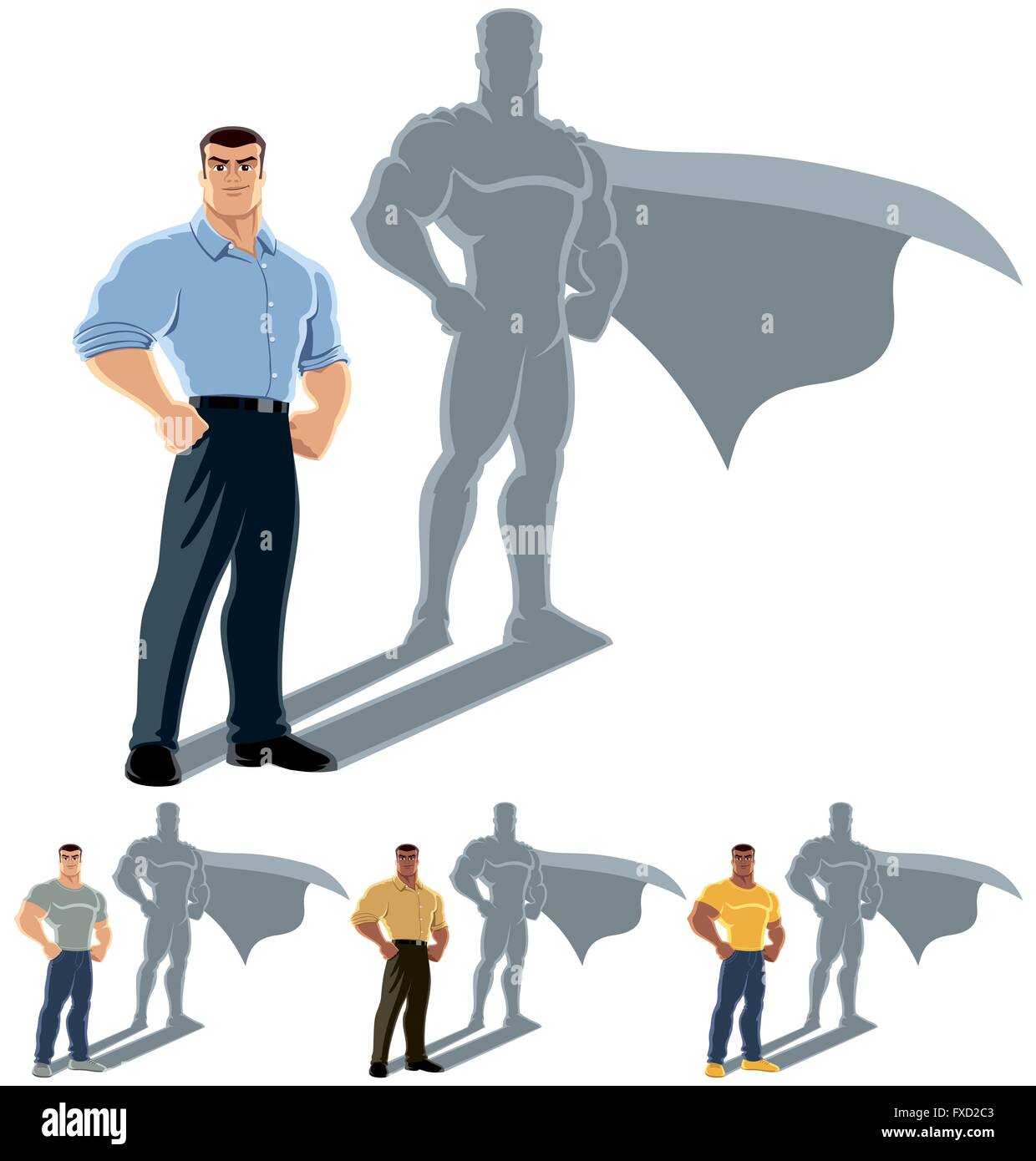 Conceptual illustration of ordinary man with superhero shadow. The illustration is in 4 versions. No transparency and gradients  Stock Vector