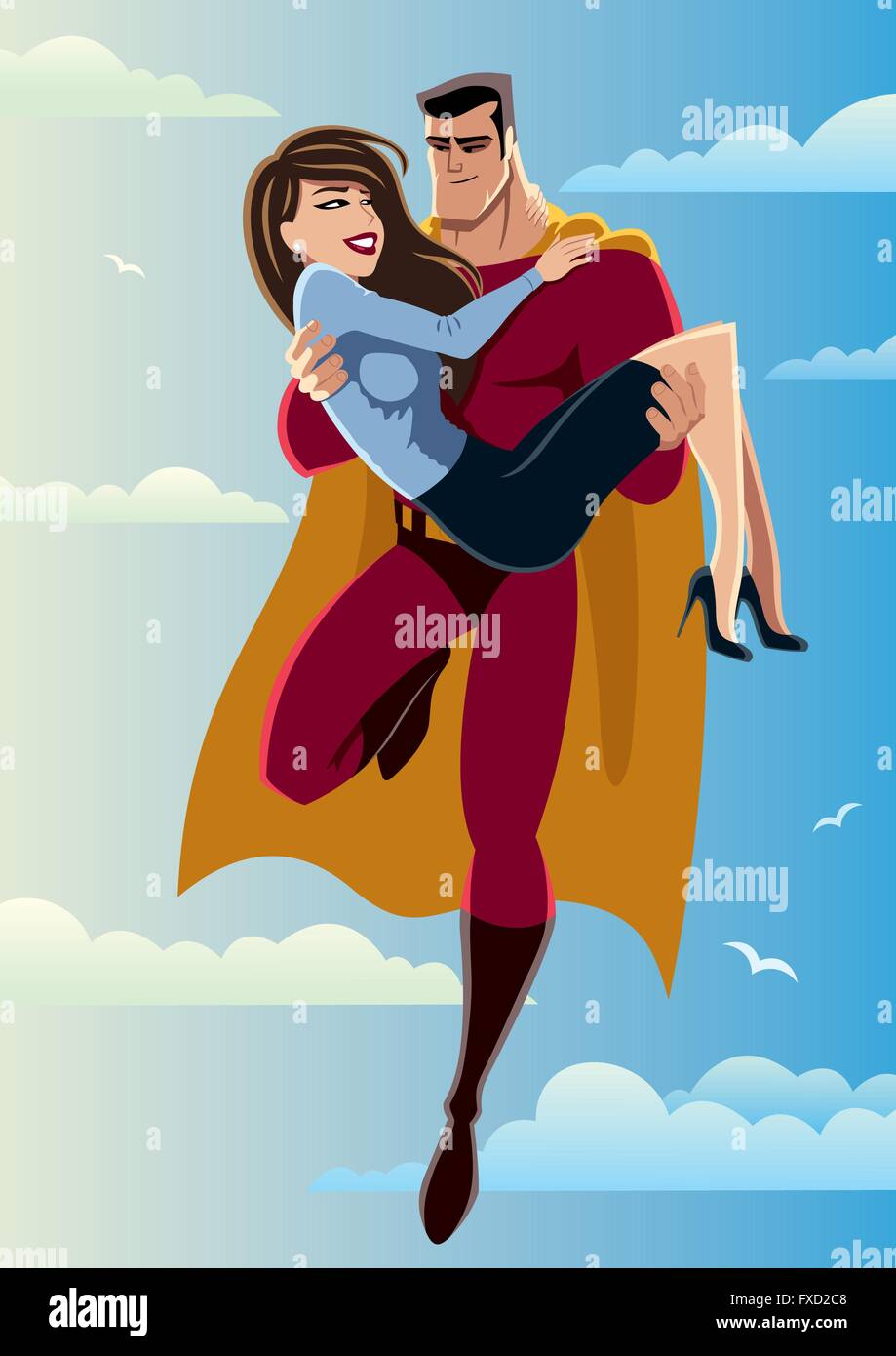 Illustration of flying superhero carrying woman in his arms. No transparency used. Basic linear gradients used for the sky and c Stock Vector