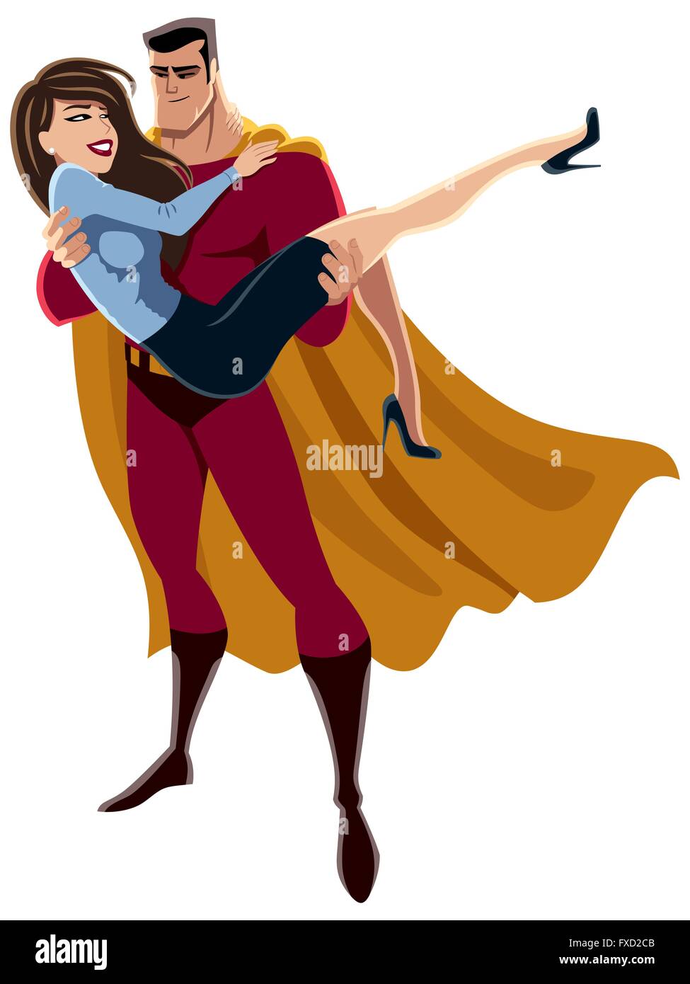 Illustration of superhero carrying woman in his arms. No transparency and gradients used. Stock Vector