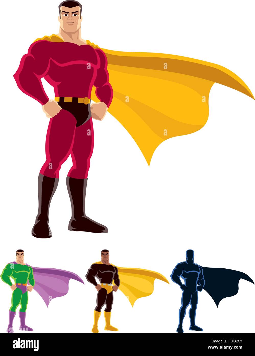 Superhero over white background. Below are 3 additional versions. One of them is a silhouette. Stock Vector