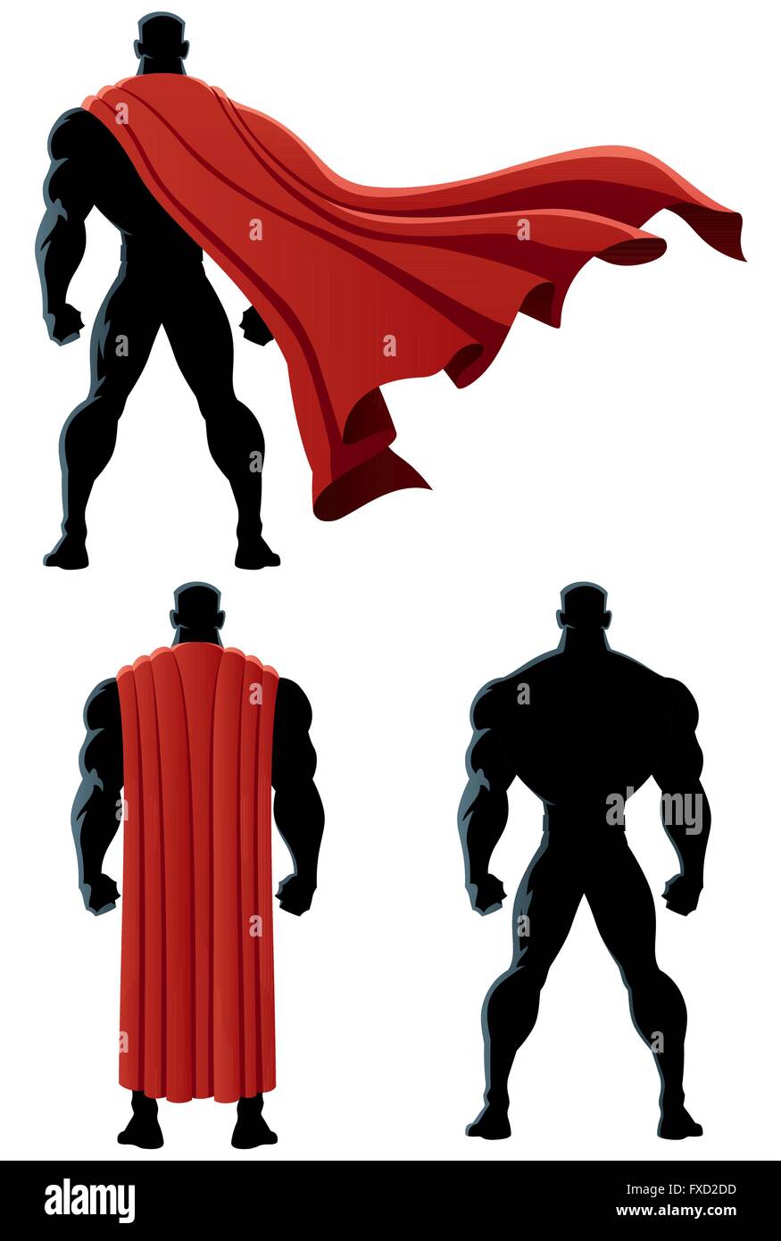 Back of superhero over white background and in 3 versions. No transparency used. Basic (linear) gradients. Stock Vector